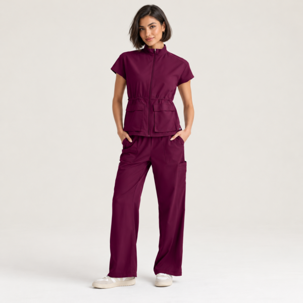 Жіночий медичний костюм Grey's Anatomy Spandex Stretch винного кольору із широкими штанами (Win)